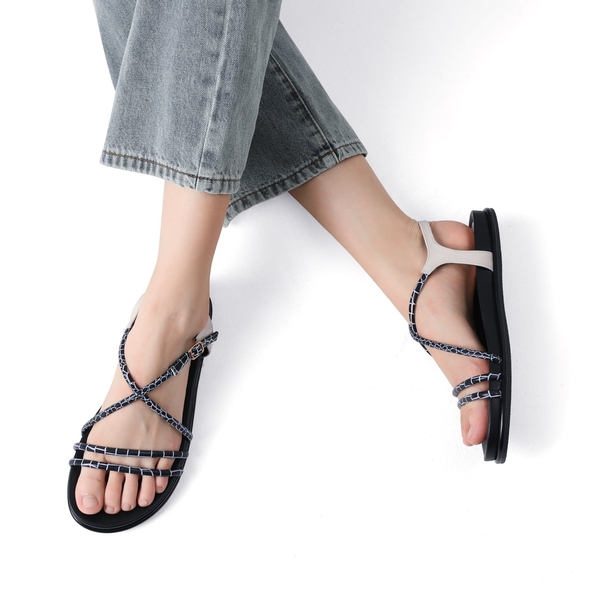 Round Toe Dressy Flat Sandals - BLACK WHITE - 1